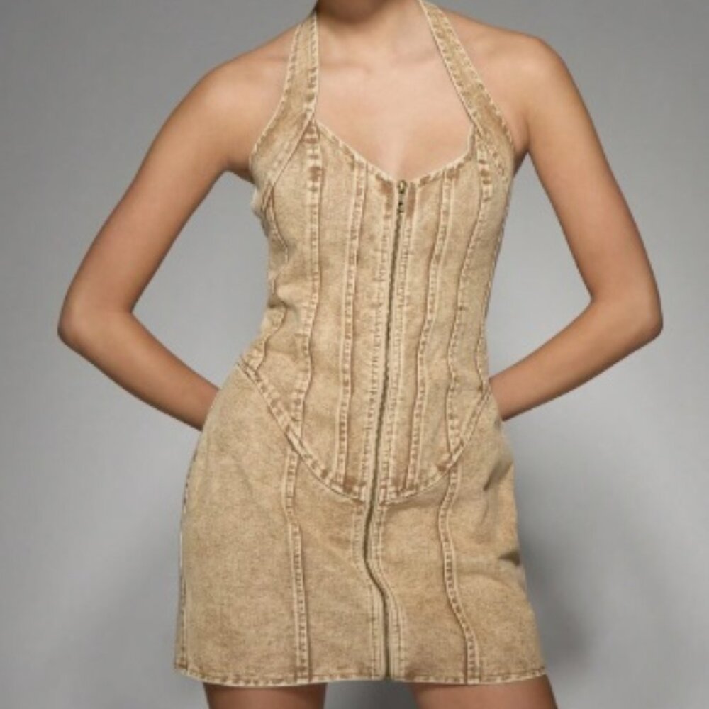 NEW 2026 Beige Denim Halterneck Mini Corset  Dress Medium
